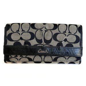 Coach Signature Wallet Canvas & Leather Pleated Slim 7.5"x4" TriFold Clutch